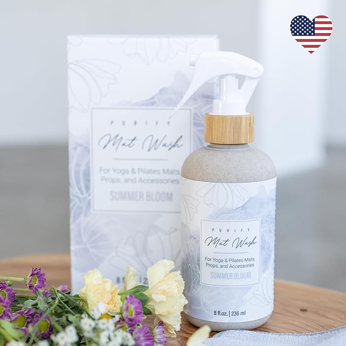 Organic Yoga Mat Cleaner Spray | 8oz Summer Bloom with Microfiber Cloth | Made in the USA | Safely and Effectively Cleans All Mats and Pilates + Yoga Accessories
