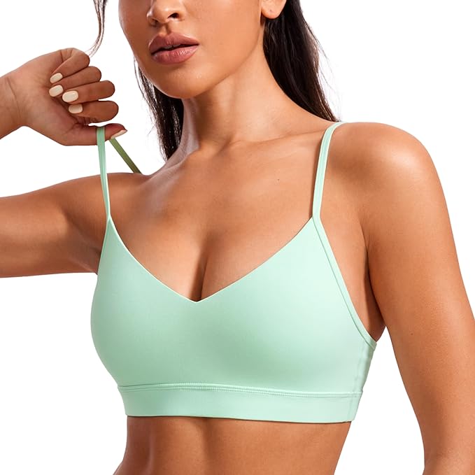 CRZ YOGA Butterluxe V-Neck Sports Bras for Women - Adjustable Thin Straps Padded Yoga Top Basic Wireless Camisole