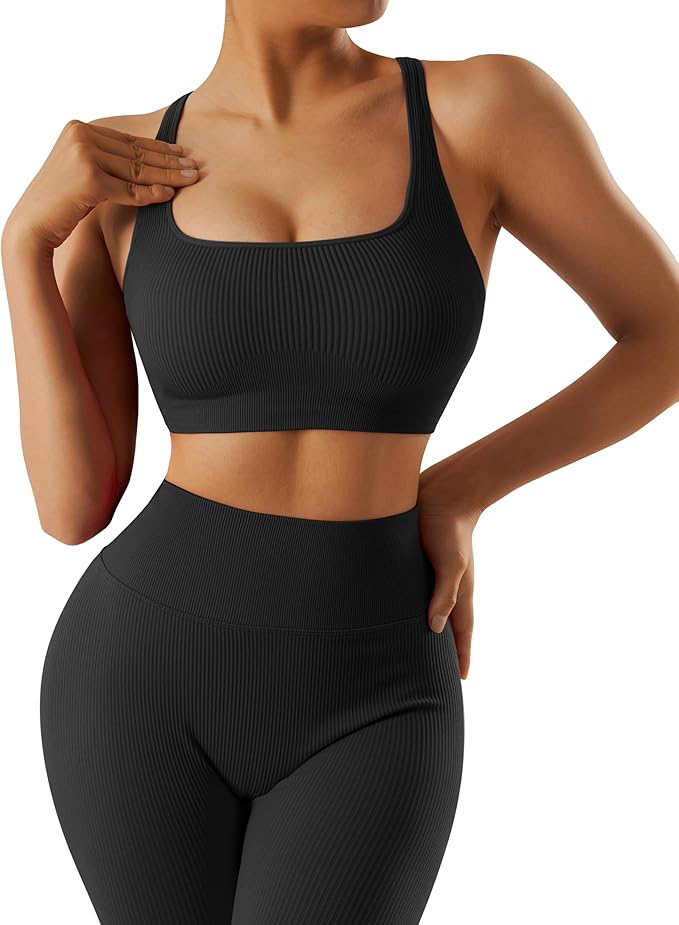 RXRXCOCO Ribbed Workout Sets for Women 2 Piece Backless Strappy Sports Bra Seamless Leggings Matching Set Yoga Outfits