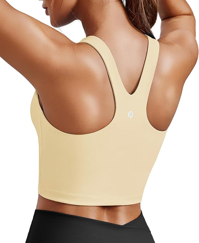 PINSPARK Women Sports Bra High Neck Racerback Workout Crop Tank Top Longline Padded Yoga Tops with Built in Pads