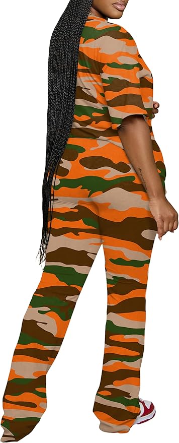 PINSV Women 2 Piece Outfits Short Sleeve Top and Flare Pants Lounge Sets Tracksuit