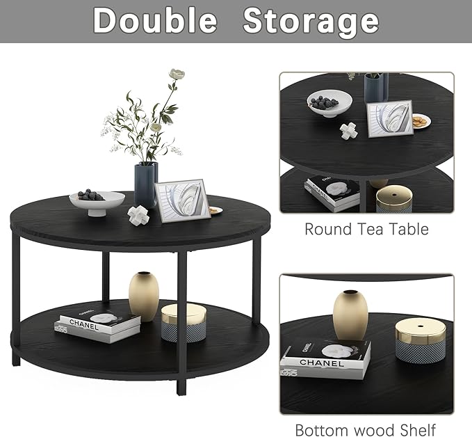 NSdirect Round Coffee Table, 27.6" Small Coffee Table for Living Room,2-Tier Rustic Wood Desktop with Storage Shelf Modern Design Home Furniture(Black)