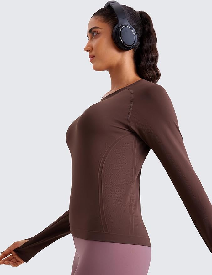 CRZ YOGA Seamless Long Sleeve Shirts for Women Waist Length - Workout Athletic Running Gym Yoga Tops Crewneck Breathable