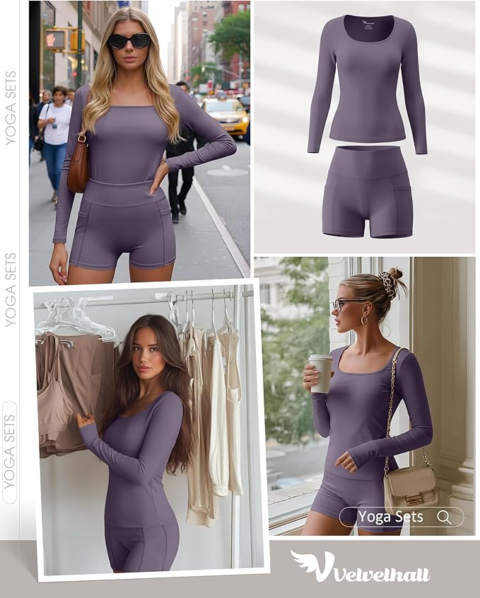 Women Workout Sets 2 Piece Yoga Square Neck Long Sleeve Top Athletic Seamless Short Pockets Sport Gym Run Outfits