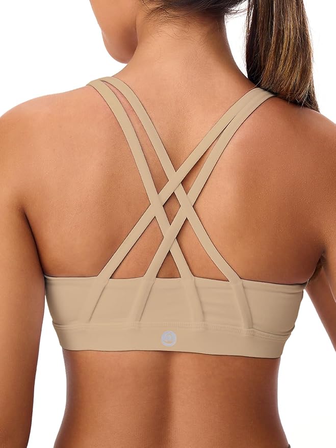 Women's Strappy Sports Bras Light Compression Crop Criss Cross Back Padded Workout Yoga Bra Supportive U Neckline
