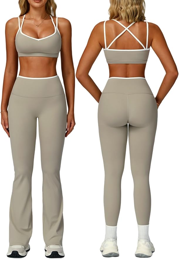 ABOCIW Workout Sets for Women 2 Piece Color Block Strappy Sports Bra High Waist Flare Leggings Gym Yoga Pilates Outfits