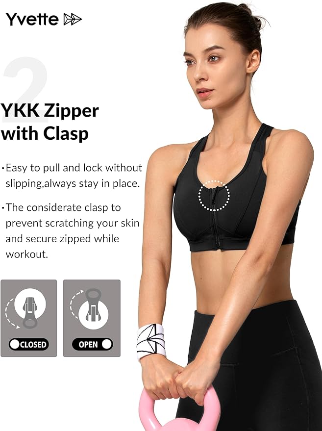 Yvette Zip Front Sports Bra - High Impact Sports Bras for Women Plus Size Workout Fitness Running
