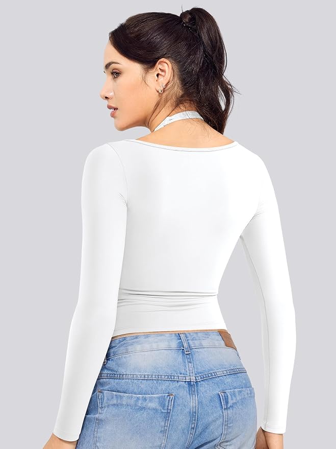 YEOREO Long Sleeve Workout Tops for Women Square Neck Slim Fitted Double Lined Compression Shirt Basic Casual Gym Yoga Tops