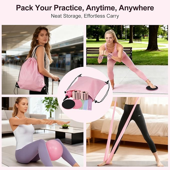 Pilates Kit, Home Pilates Workout Kit for Women, Pilates Equipment with Pilates Ring and Ball, Yoga Block & 5 Resistance Bands, Ankle Weights, Sliders & Grip Socks, Workout Guide Included