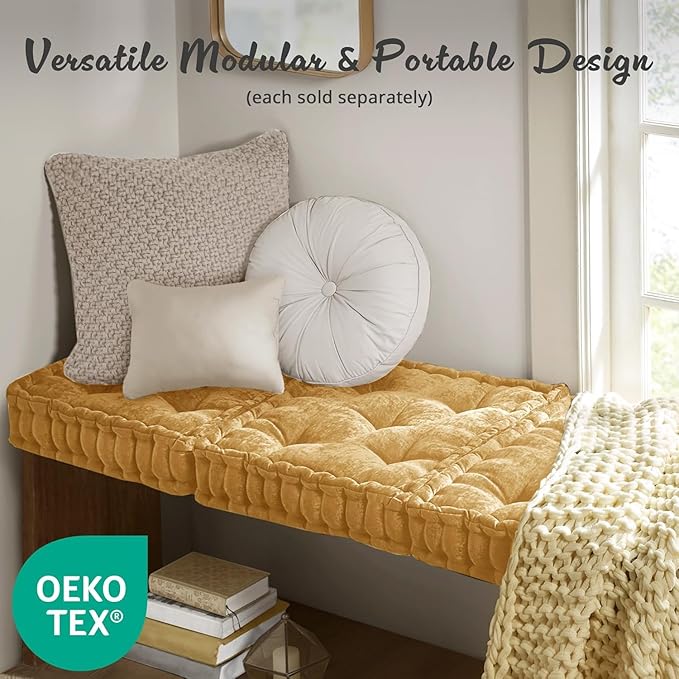 Intelligent Design Azza Floor Pillow, Large Cushions Sitting for Adults, Floor Pillow for Meditation or Yoga, Lustrous Chenille Tufted with Scalloped Edges for Bench/Chair Cushion, 20"x20"x5" Yellow