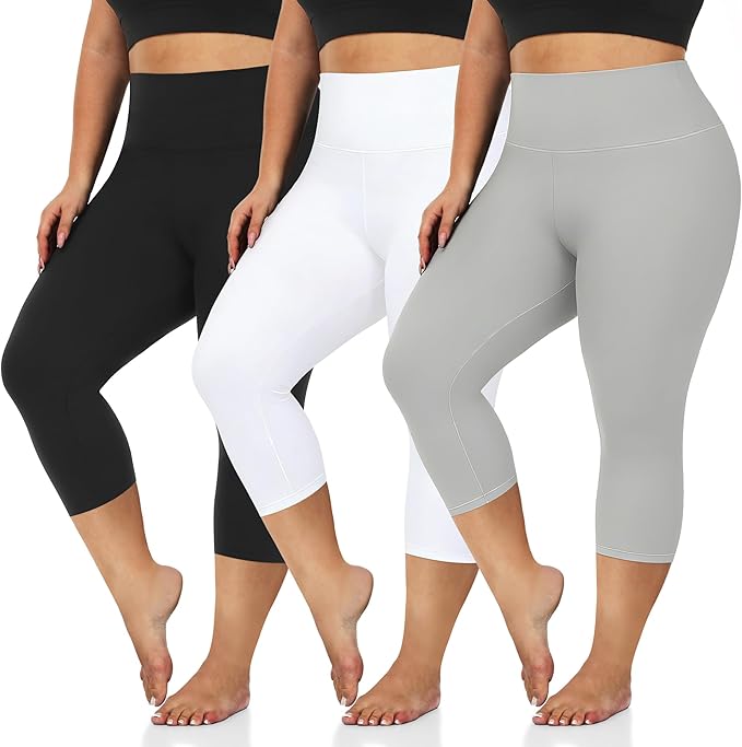 3 Pack Women's Plus Size Capri Leggings High Waist Tummy Control, Stretchy Yoga Workout Pants (XL-4X) - Spandex Elastic Fit