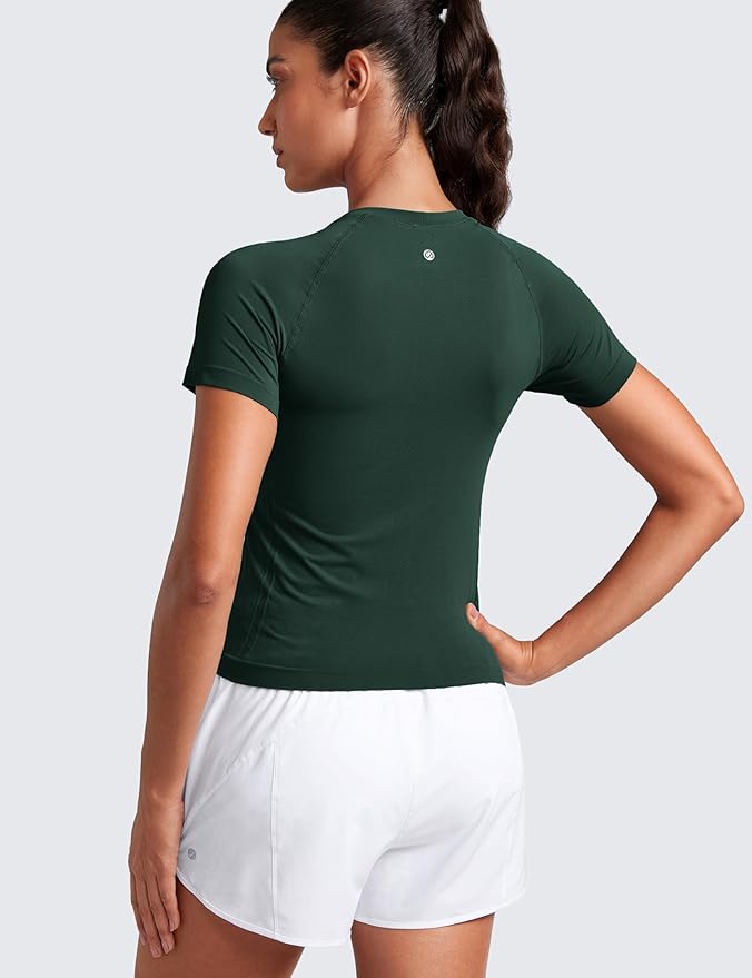 CRZ YOGA Seamless Workout Tops for Women Waist Length - Running Gym Athletic Yoga Short Sleeve Shirts Breathable Crewneck