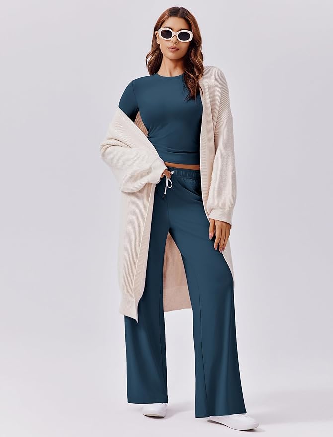 PINSPARK Women 2 Piece Lounge Set Long Sleeve Cropped Top Wide Leg Pants with Pockets 2024 Fall Outfits Matching Tracksuit