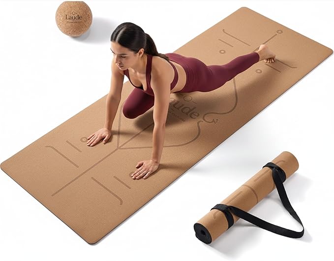 Laude Cork Yoga Mat + Ball Set – Sustainable Non Slip Yoga Mat with Strap – Thick Yoga Mat, Pilates Mat Thick & Workout Mat – Eco-Friendly Cork & Rubber Mat with Alignment Lines, Superior Grip, Sweat-Resistant & Durable 72"x26"