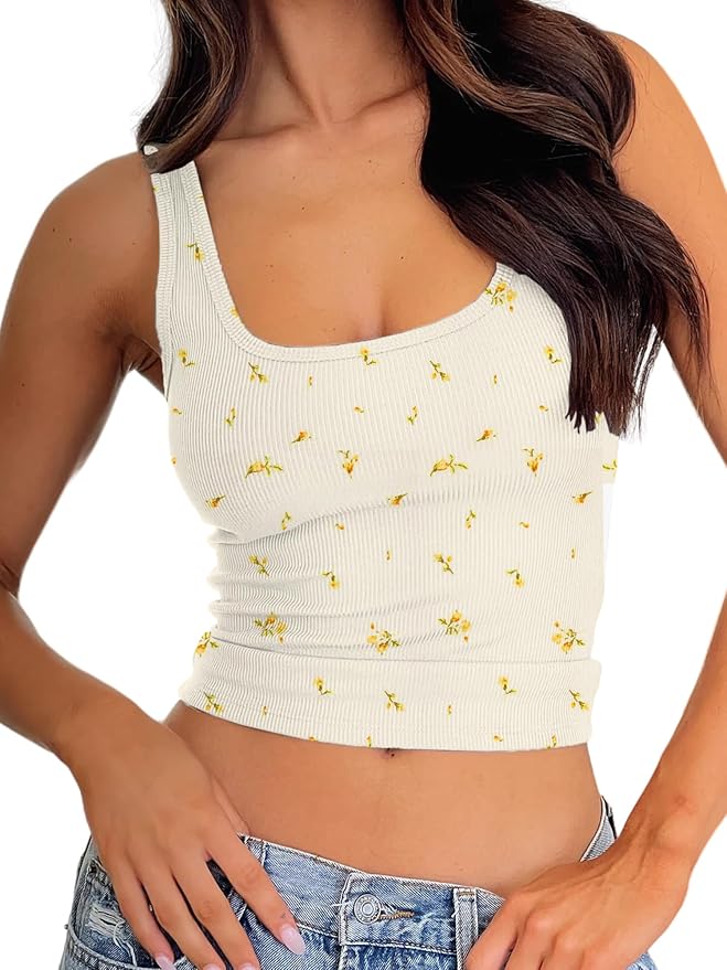 Danysu Women Rib Tank Top Padded Workout Top Square Neck Crop Tank Fitted Basic Cami Tops