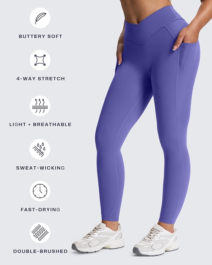 Aoxjox Women's Trinity High Waisted Yoga Pants with Pockets Cross-Waist Tummy Control Buttery Soft Workout Leggings 26"