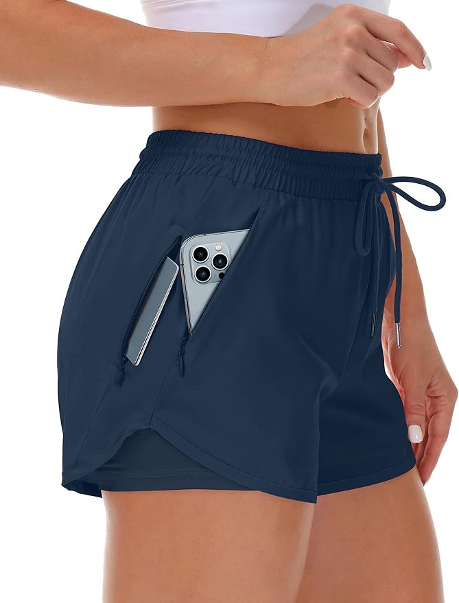 Mancreda Women's Running Shorts with Liner 3 Zipper Pockets Elastic Workout Athletic Gym Yoga Shorts