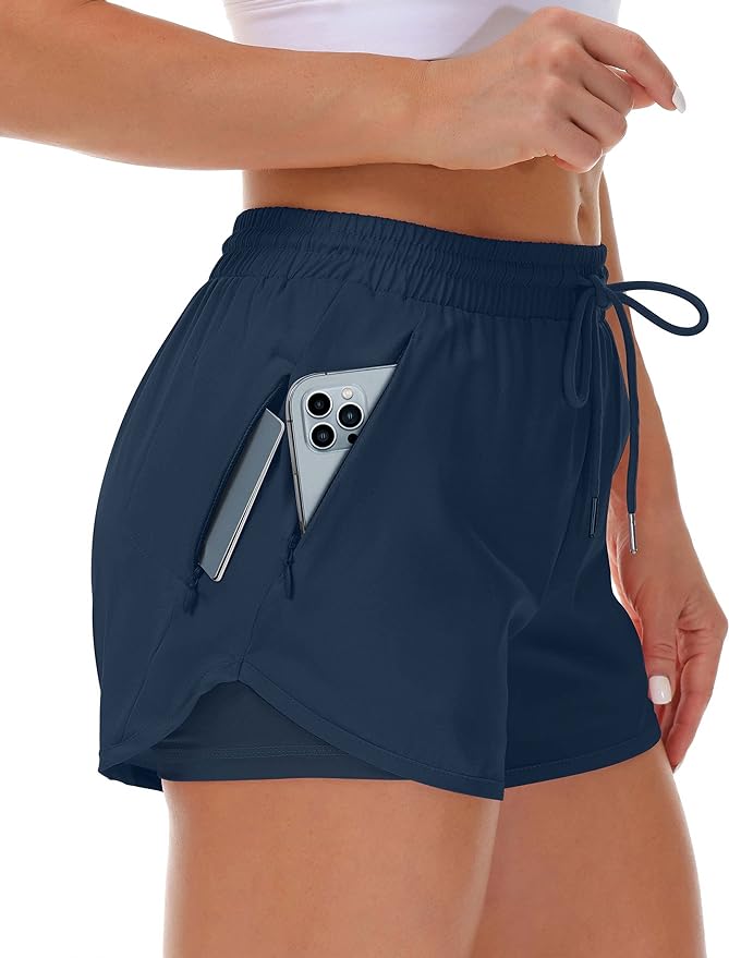 Mancreda Women's Running Shorts with Liner 3 Zipper Pockets Elastic Workout Athletic Gym Yoga Shorts