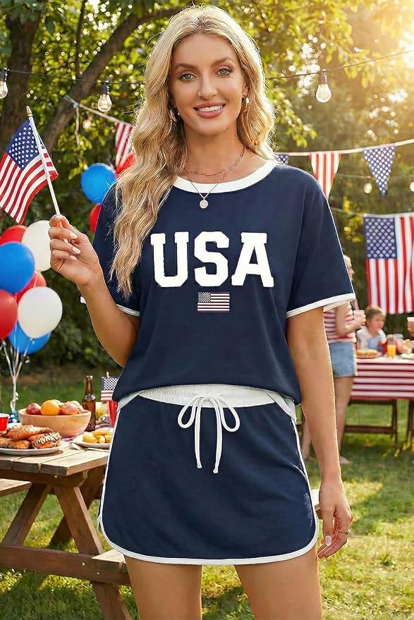 Opemiby Womens 2 Piece Skort Set 2026 Color Block Short Sleeve Top Drawstring Skort Matching Sets Casual Lounge Summer Outfit