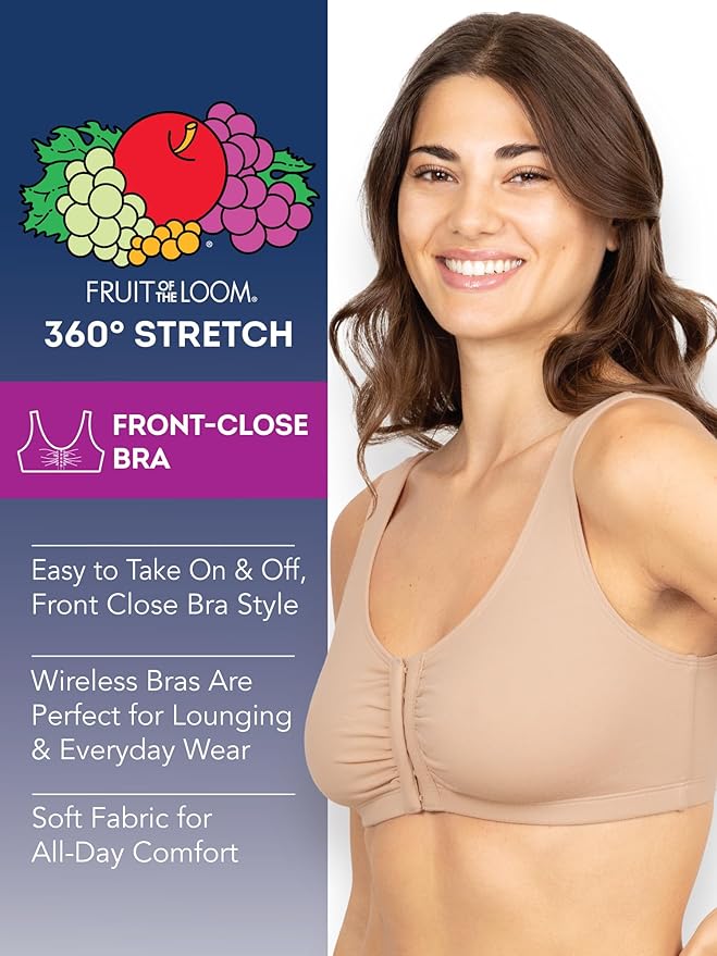 Fruit of the Loom Women's 96014PK Comfort Cotton Blend Front Close Sports Bra 2 Pack