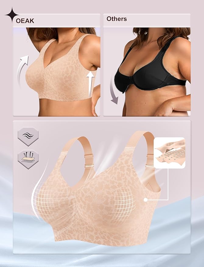 OEAK Womens Wireless Jelly Bra Plus Size Supportive Seamless Bras Full Coverage Push Up Comfortable No Underwire Tshirt Bras