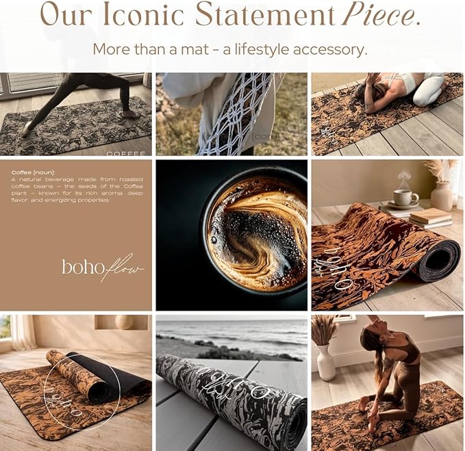 Deluxe Cork Yoga Mat – Gold, Coffee or Vegan Leather Cork Surface & Natural Rubber Base – Premium Natural & Eco Friendly Materials – Includes Signature Handmade Boho Bag