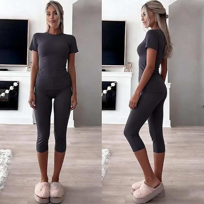 YETOWA Womens 2 Piece Workout Sets High Waisted Tummy Control Crop Top Capri Leggings Stretchy Soft Activewear
