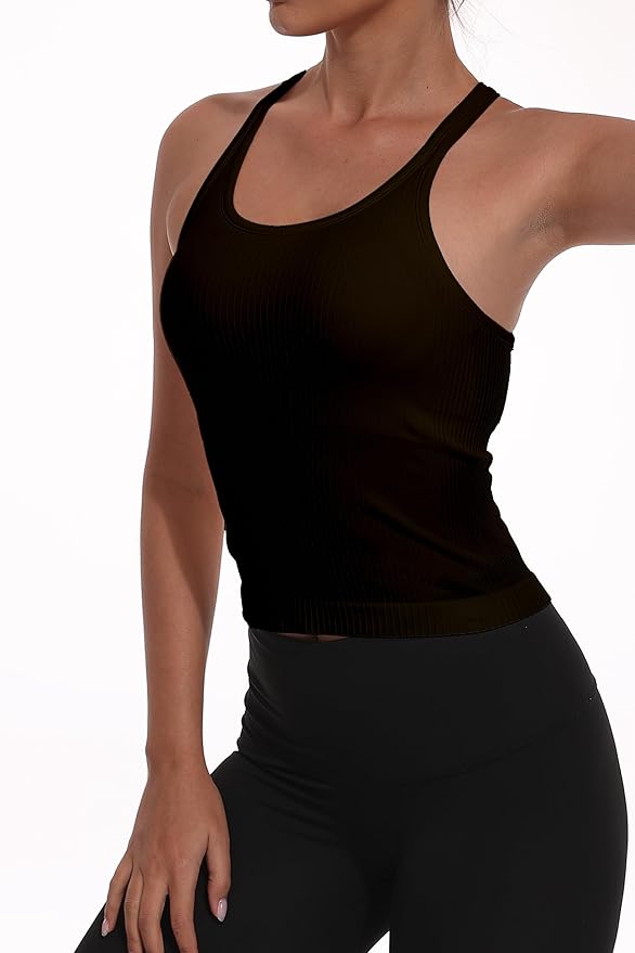 YIOIOIO Women Ribbed Workout Crop Tops with Built in Bra Seamless Yoga Racerback Tank Top Tight Fit