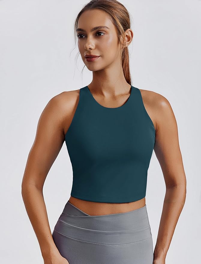PINSPARK Women Sports Bra High Neck Racerback Workout Crop Tank Top Longline Padded Yoga Tops with Built in Pads