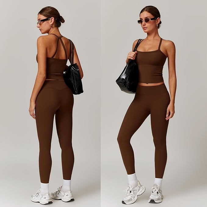 Women 2 Piece Workout Sets (NEW) Yoga Outfit Open Back Tank Top High Waisted Leggings Gym Sets Tracksuits