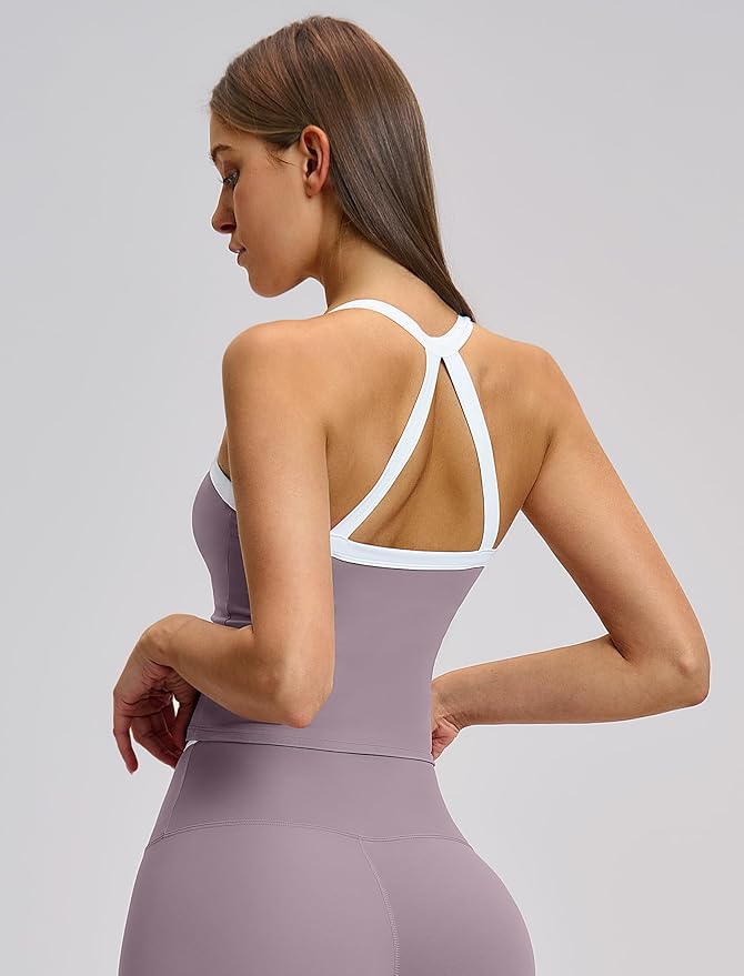QBGJTD Womens Longline Sports Bras Cross Back Active Gym Yoga Padded Workout Crop Tank Top with Built in Bra