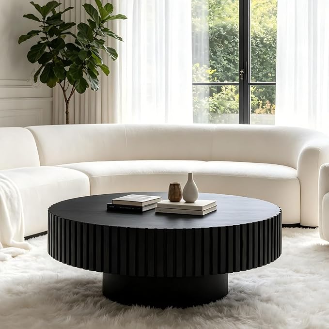 KEVINSPACE Round Coffee Table, 39" Big Wooden Fluted Coffee Table with Fluted Base, Circle Accent Center Table for Living Room Apartment Office Small Space, Easy Assembly, Black