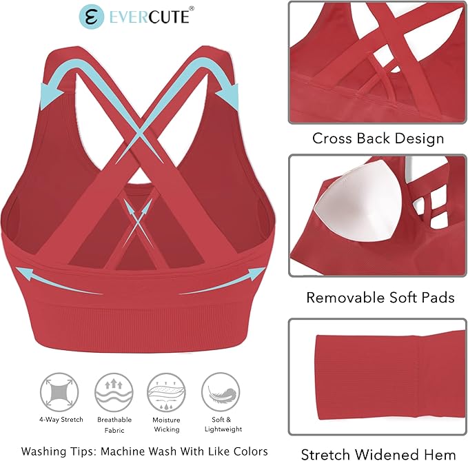 Evercute Sports Bras for Women Padded Medium Support Criss Cross Strappy Bra Seamless High Impact Yoga Exercise Athletic Bras