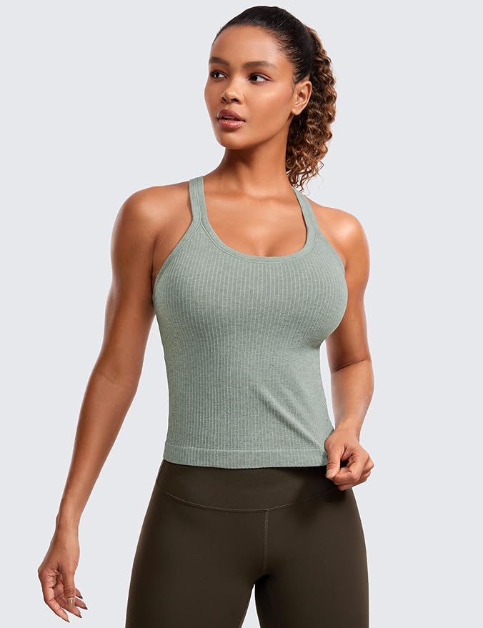 CRZ YOGA Seamless Ribbed Scoop Neck Tank Top for Women - Workout Racerback Padded Athletic Camisole with Built in Bra