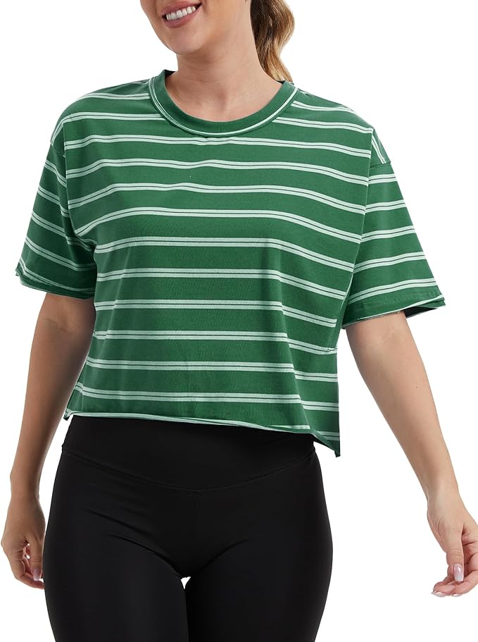 Women's Oversize Workout Crop Tops Casual Short Sleeve Drop Shoulder Boxy T-Shirts Roll Hem Basic Loose Yoga Running Tees