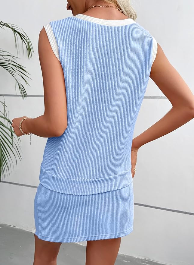 EVALESS 2 Piece Sets for Women Summer Outfits Ribbed Knit Tank Top and Split Lined Skirt Two Pieces Lounge Matching Set