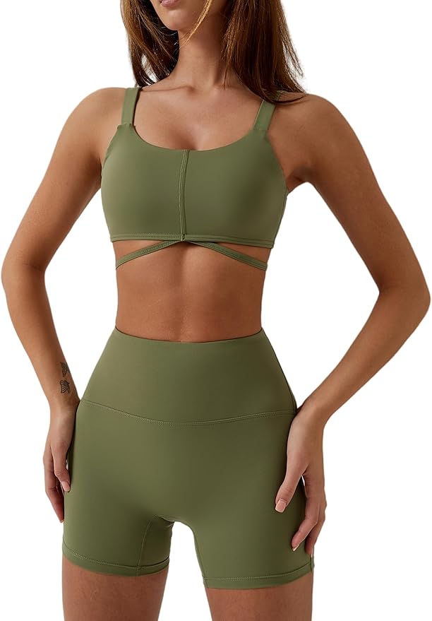 ABOCIW Workout Sets for Women 2 Piece Twist Front Halter Sports Bras High Waist Biker Shorts Exercise Gym Yoga Outfit