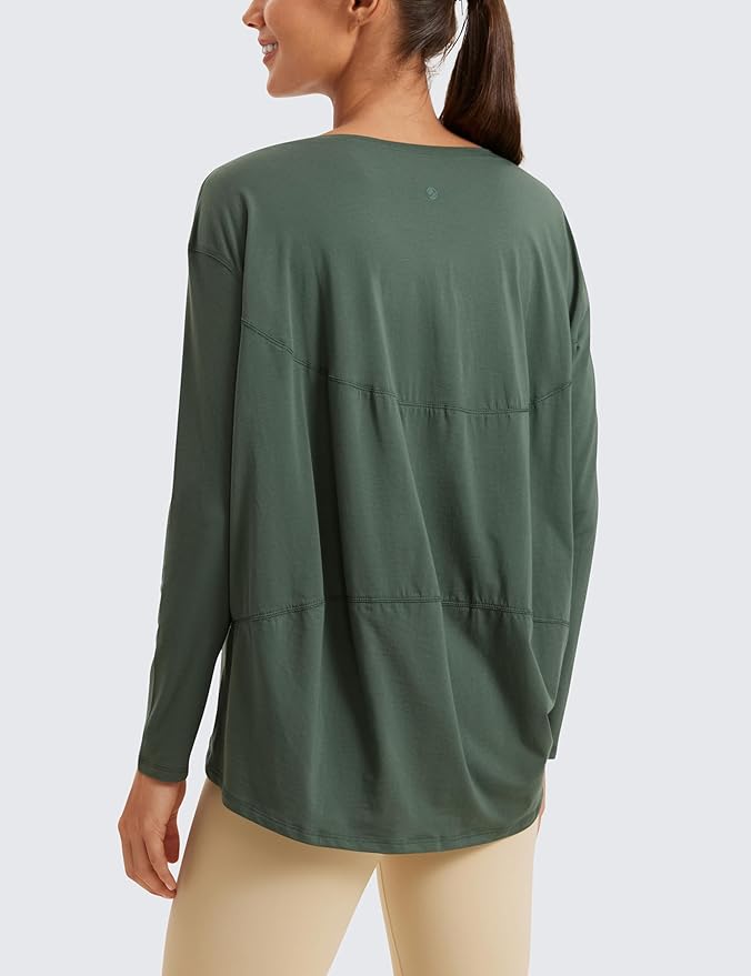 CRZ YOGA Pima Cotton Boat Neck Long Sleeve Shirts for Women - Workout Athletic Yoga Casual Tops Loose Fit Fall T-Shirts