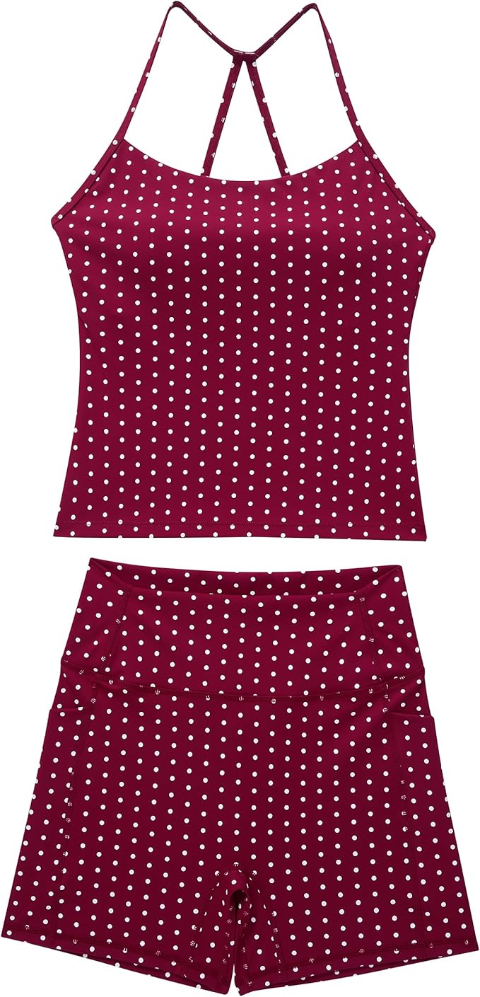 OMKAGI 2 Piece Workout Sets for Women Padded Sports Bra Tank Booty Gym Shorts with Pockets