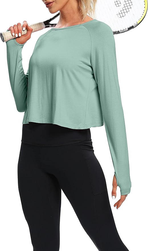 Bestisun Long Sleeve Workout Running Shirts Athletic Yoga Gym Crop Tops for Women
