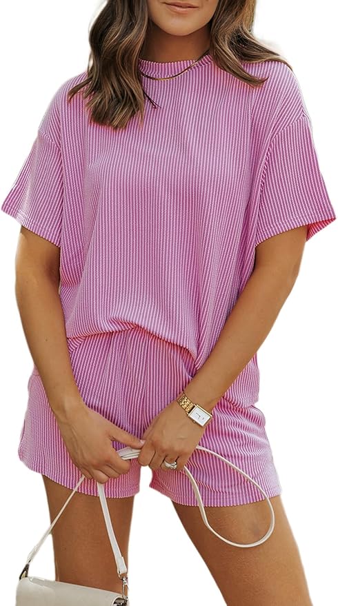 MARZXIN Women 2 Piece Shorts Set 2026 Casual Summer Cruise Outfits Ribbed Loose Short Sleeve Pocket Matching Lounge Sets