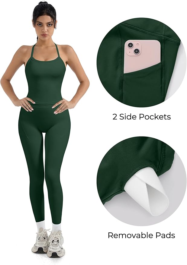 SUUKSESS Women 2 Piece Workout Sets Compression Tummy Control Leggings with Pockets Halter Built in Bra Tank Tops