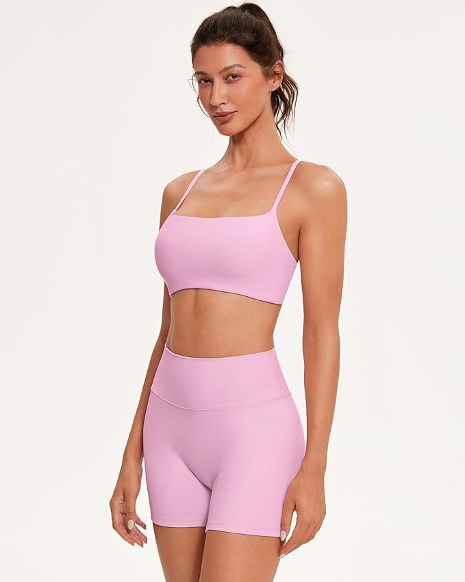 OMKAGI Workout Sets for Women Open Back Strappy Sports Bra Booty Biker Shorts Gym Outfits