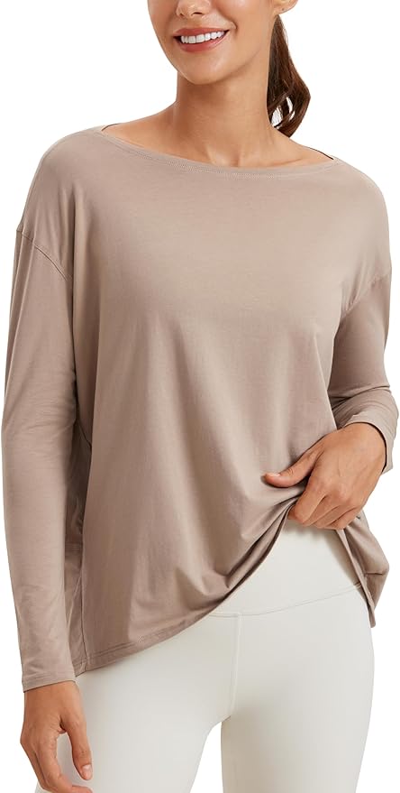 CRZ YOGA Pima Cotton Boat Neck Long Sleeve Shirts for Women - Workout Athletic Yoga Casual Tops Loose Fit Fall T-Shirts