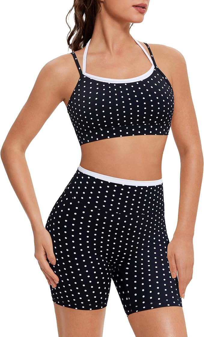 OMKAGI Workout Sets for Women Cute Doubel Layer Open Back Sports Bras Gym Shorts Outfits