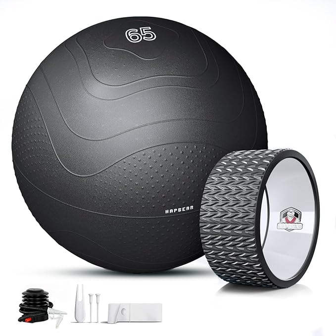 HAPBEAR Back Roller - Yoga Wheel Set with 26'' Anti-Burst Exercise Ball – 12'' PP Inner Core Spine Alignment Tool for Back Pain Relief,Core Strength & Full-Body Workout, Back Roller Wheel for Home Gym & Therapy, Pump Included