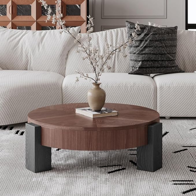 33'' Round Coffee Table with Hidden Storage, Modern Wood Veneer Top, 3 Block Legs Sturdy Center Accent Table for Living Room, Small Space, Walnut & Black