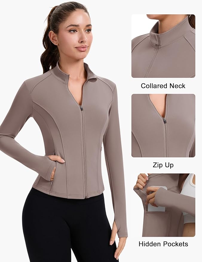 ZHENWEI Workout Jackets for Women Full Zip Up Cropped Athletic Long Sleeve Lightweight Slim Fit Running Tops with Pockets