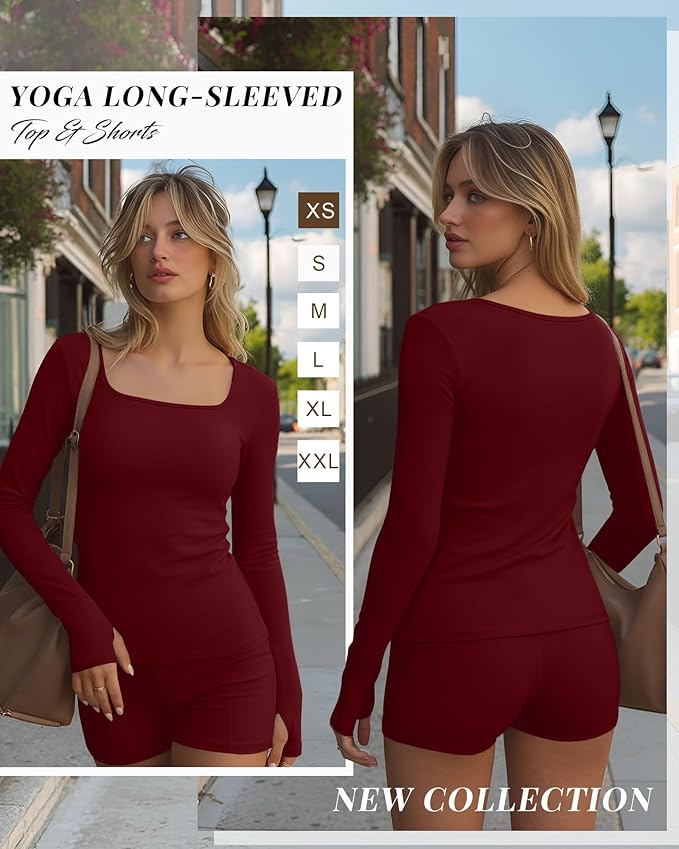 Oakgarden Women's Long Sleeve Yoga Set Square Neck Slim Fit Tops Elastic Soft Thumb Hole Shirt High Waist Shorts with Pockets