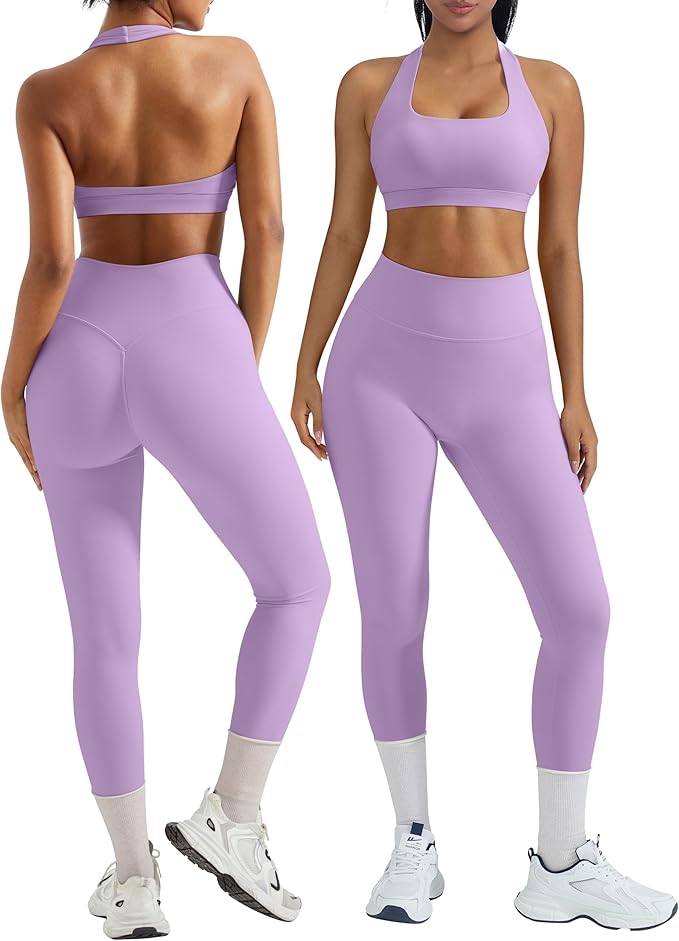 OMKAGI 2 Piece Workout Sets for Women Halter Sports Bras Gym Sets Booty Leggings Outfits